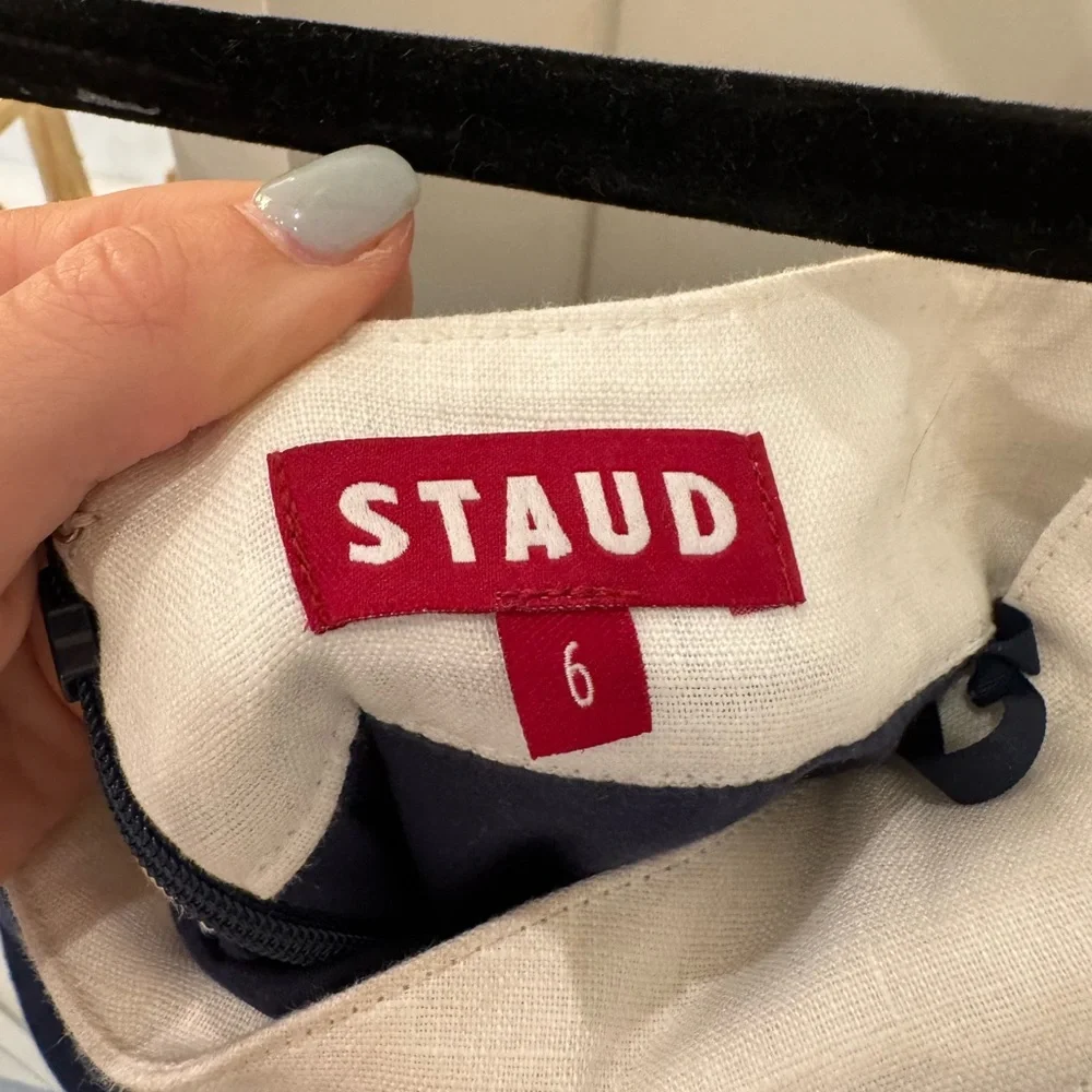 STAUD Strapless Dress in Navy and White - Picture 5 of 5